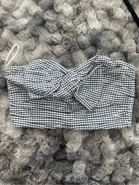 Lovers + Friends Navy and White Gingham Twist-Front Strapless Crop Top